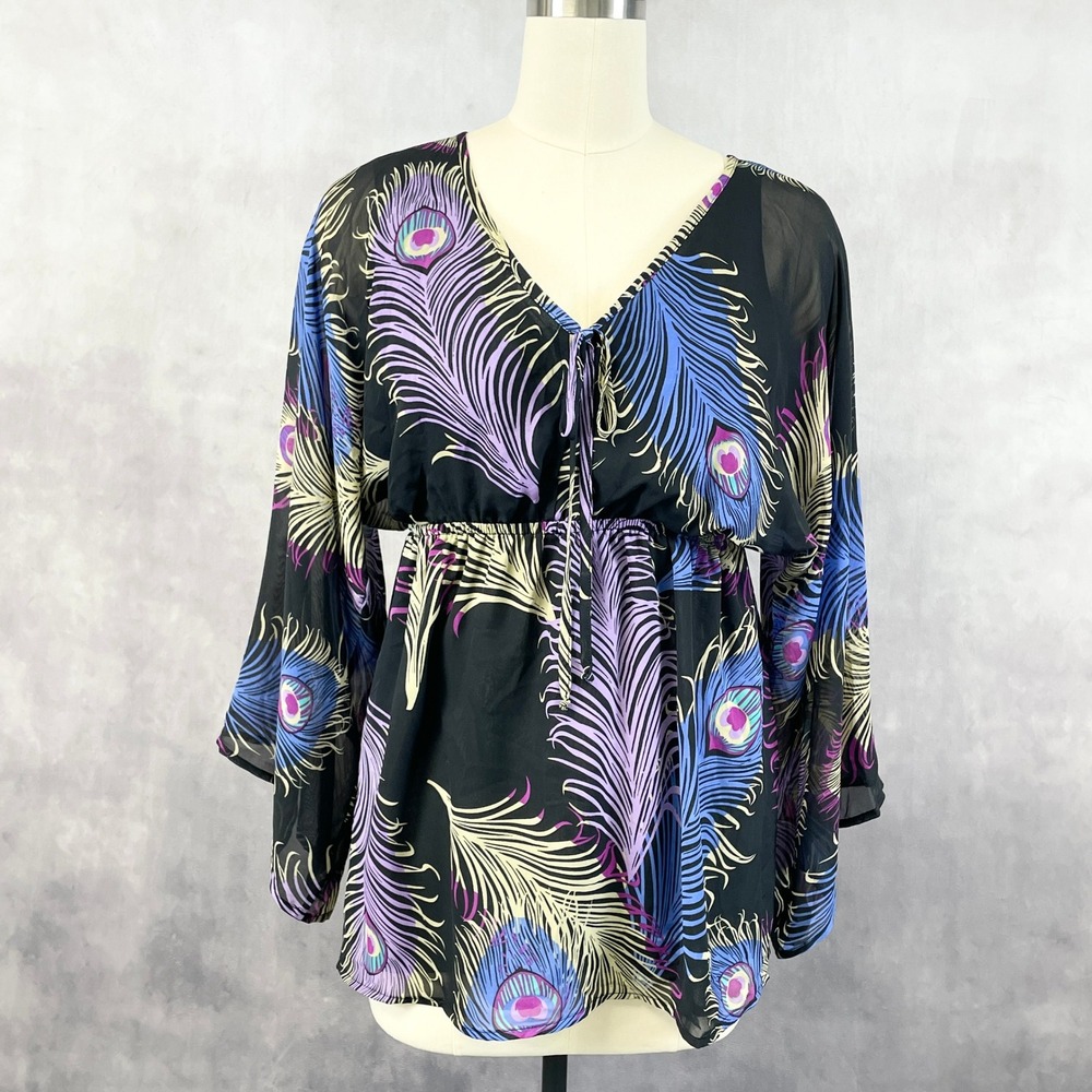 Boston‎ Proper Womens Blouse Size M Boho Psychedelic Art Nouveau Peacock